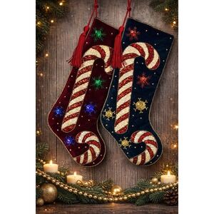 Prima Creations Velvet Christmas Stockings Navy Burgundy Sequin Candy Cane Set 2
